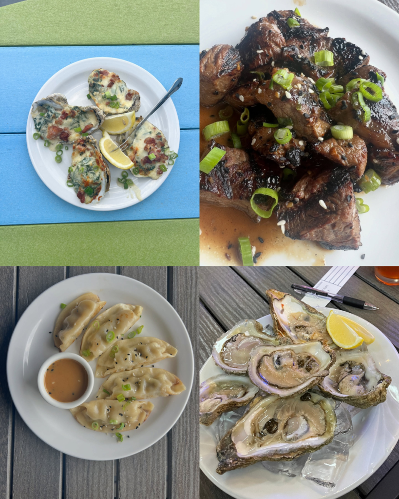 Lucy's oysters rockefeller, steak bites, dumplings, and raw oysters