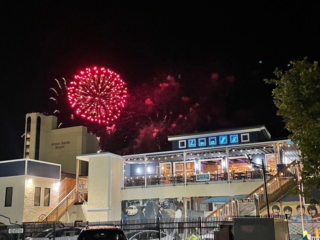 Fireworks in the night sky shown above Lucy's Sky Bar